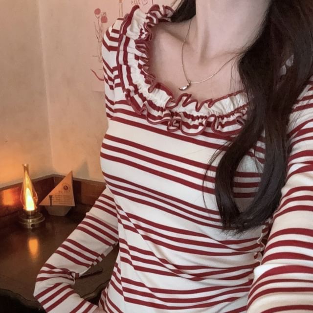 Scoop Neck Ruffle Striped Long Sleeve Top