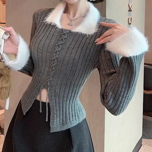Two Tone Lace Up Collared Ribbed Knit Top