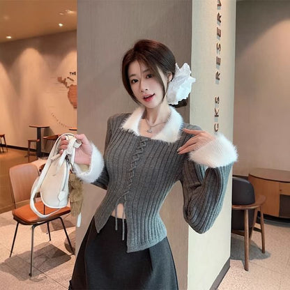 Two Tone Lace Up Collared Ribbed Knit Top
