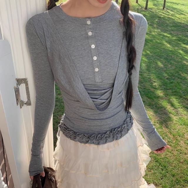 Round Neck Ruffle Button Two Piece Long Sleeve Top