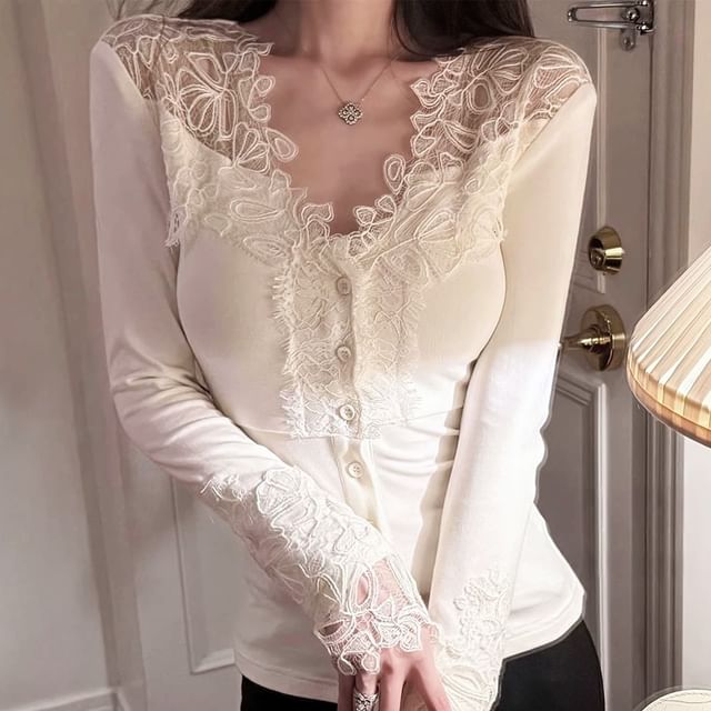 V-Neck Lace Button Trim Long Sleeve Top