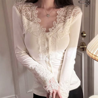 V-Neck Lace Button Trim Long Sleeve Top