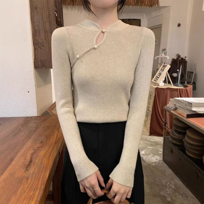 Stand Collar Keyhole Pearl Ribbed Knit Top