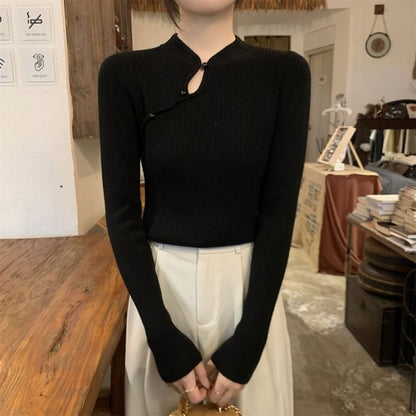 Stand Collar Keyhole Pearl Ribbed Knit Top