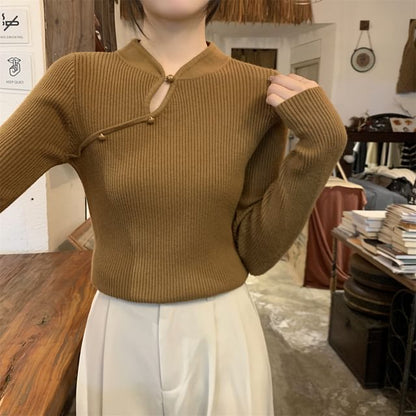 Stand Collar Keyhole Pearl Ribbed Knit Top