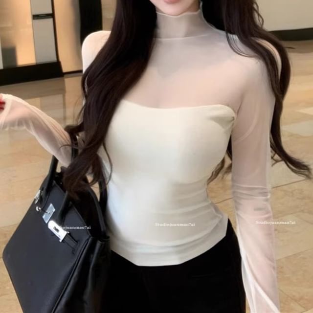 Mock Neck Mesh Panel Long Sleeve Top