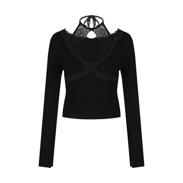 Halter Lace Panel Long Sleeve Blouse