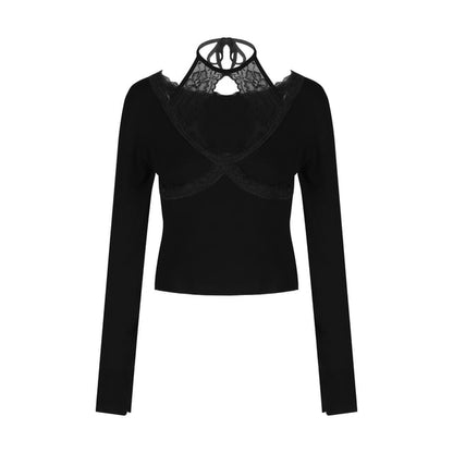 Halter Lace Panel Long Sleeve Blouse