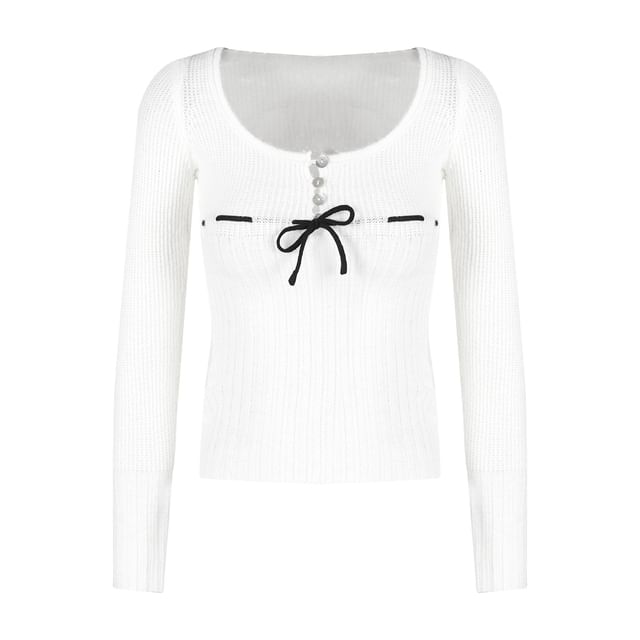 Tie Front Knit Long Sleeve Scoop Neck Henley Top