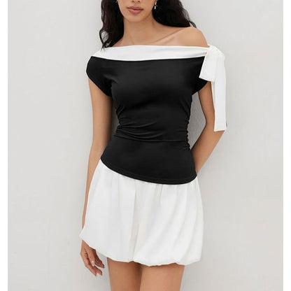 Color-Block Off-Shoulder Short-Sleeve Fitted Top