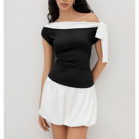Color-Block Off-Shoulder Short-Sleeve Fitted Top