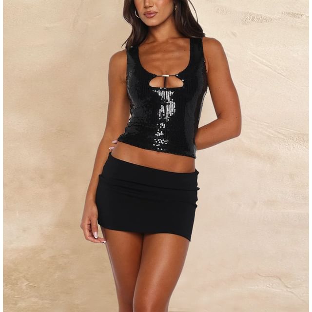 Sequin Drawstring Scoop Neck Slim Crop Tank