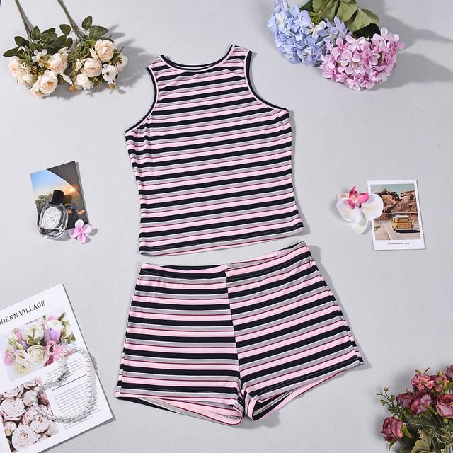 Striped Crop Tank with High Waist Shorts Set