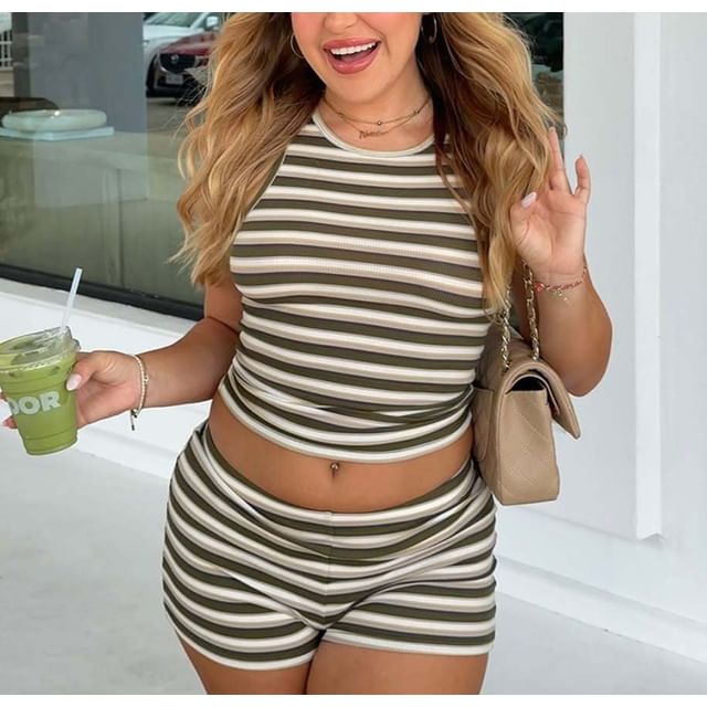 Striped Crop Tank with High Waist Shorts Set