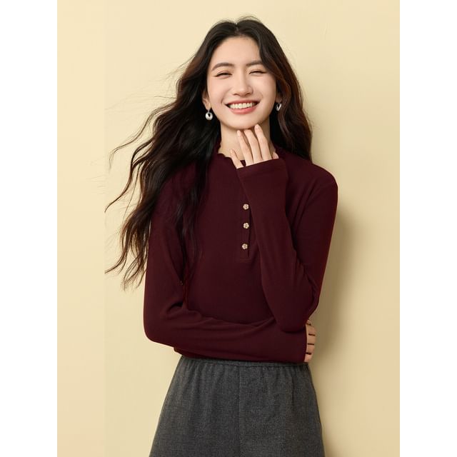 Mock Neck Long-Sleeve Henley Plain Tee