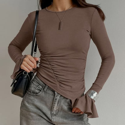 Ruched Bell Sleeve Asymmetric Hem Slim T-Shirt