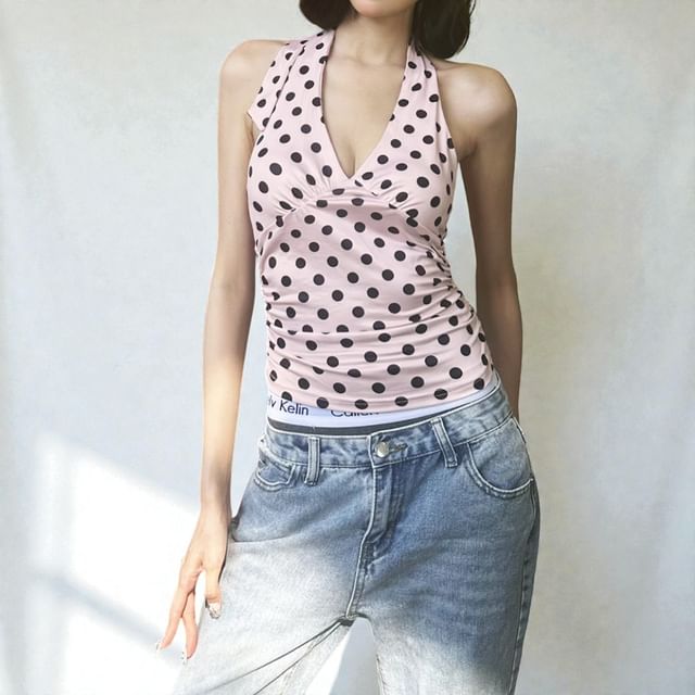 Polka Dot Halter V-Neck Slim Tank Top