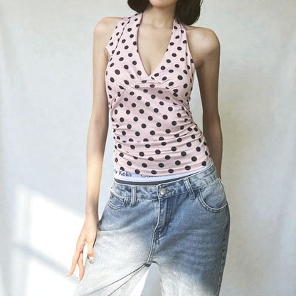 Polka Dot Halter V-Neck Slim Tank Top