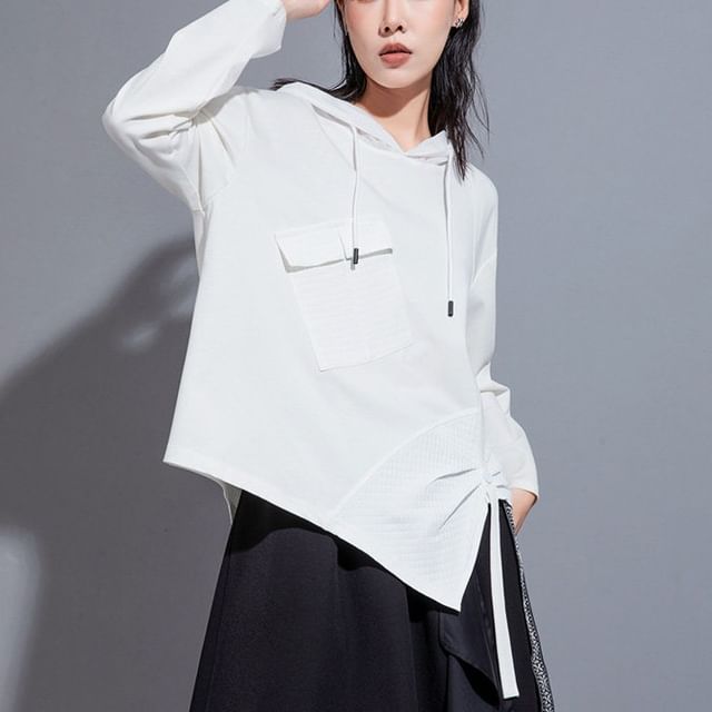 Patchwork Pocket Front Asymmetrical Hoodie