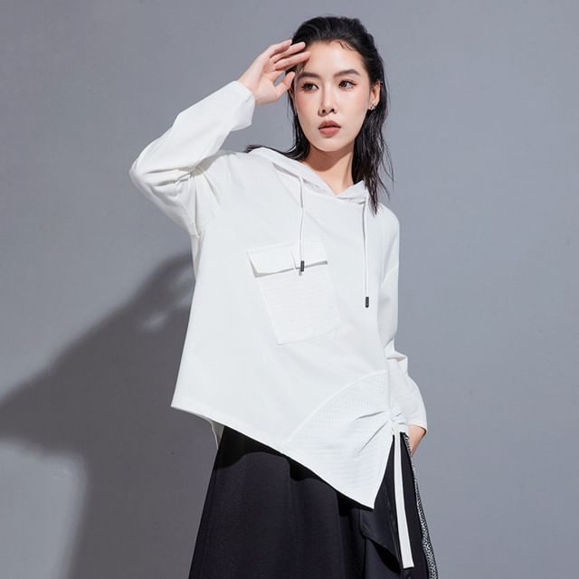 Patchwork Pocket Front Asymmetrical Hoodie