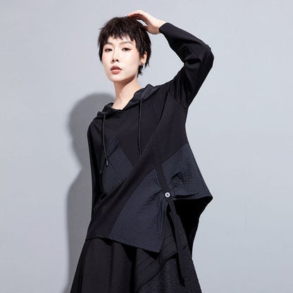 Patchwork Pocket Front Asymmetrical Hoodie