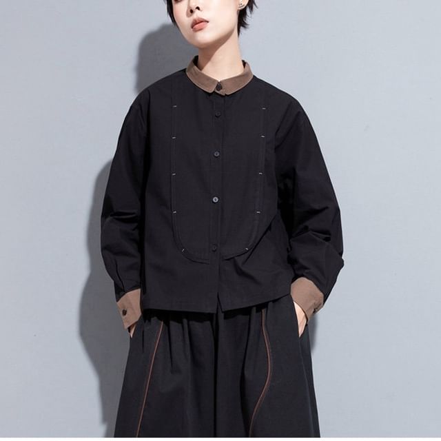 Contrast Trim Long-Sleeve Plain Shirt
