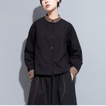 Contrast Trim Long-Sleeve Plain Shirt