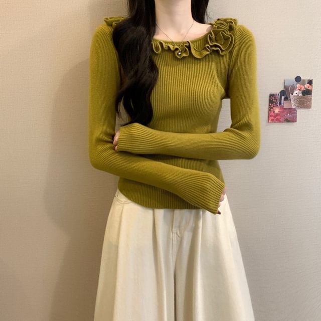 Boat Neck Ribbed Knit Sweater