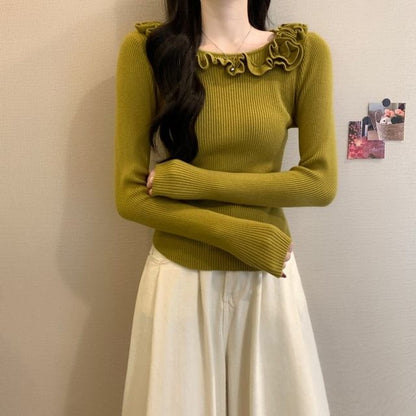 Boat Neck Ribbed Knit Sweater