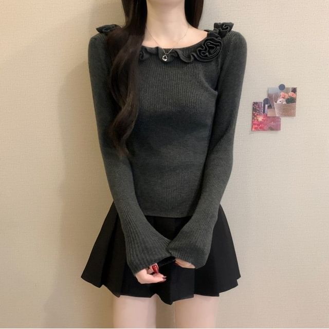 Boat Neck Ribbed Knit Sweater