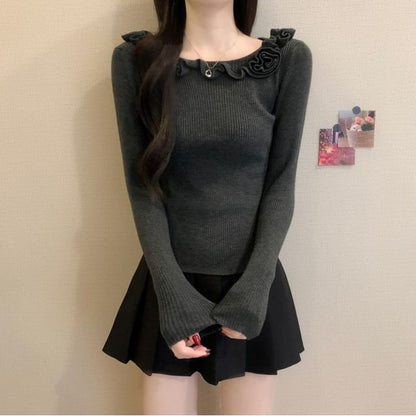 Boat Neck Ribbed Knit Sweater