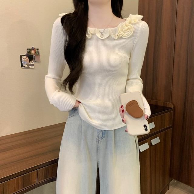 Boat Neck Ribbed Knit Sweater