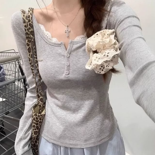Lace-Trimmed Long-Sleeve Two-Piece Style Top