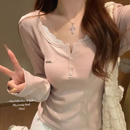 Lace-Trimmed Long-Sleeve Two-Piece Style Top