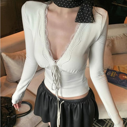 Lace Trim V-Neck Long-Sleeve Plain Top