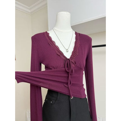 Lace Trim V-Neck Long-Sleeve Plain Top
