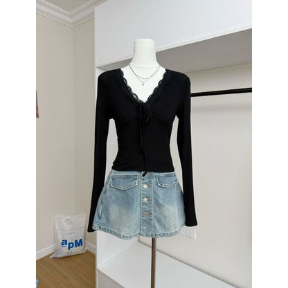 Lace Trim V-Neck Long-Sleeve Plain Top