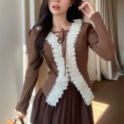 Elegant Ruffle-Trim Long-Sleeve V-Neck Knitwear