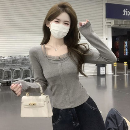 Lace-Detail Long-Sleeve Two-Tone Knit Top