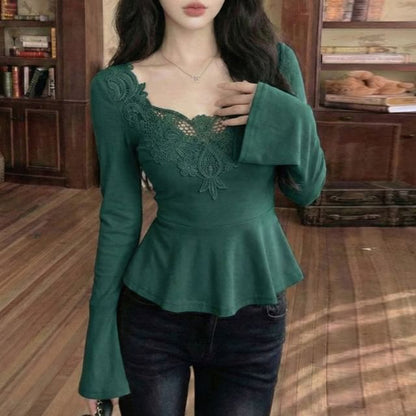 Flowing Flare-Sleeve Lace-Trimmed Blouse