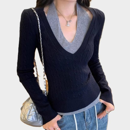 Two-Tone V-Neck Long-Sleeve Knit Top