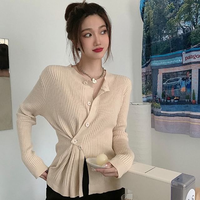 Asymmetrical Button-Front Long-Sleeve Knit Top