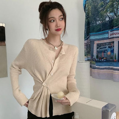 Asymmetrical Button-Front Long-Sleeve Knit Top
