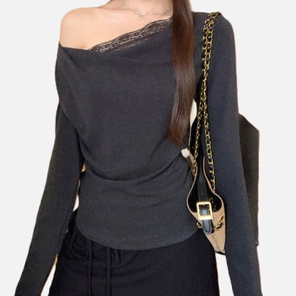 Off Shoulder Lace Trim Long-Sleeve Plain Top