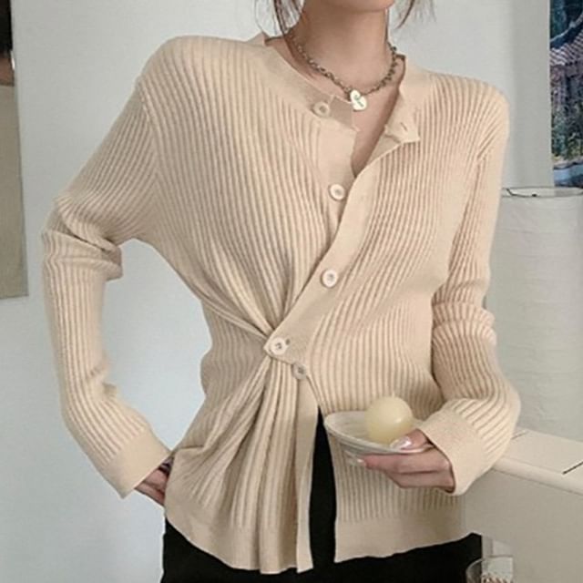 Asymmetrical Button-Front Long-Sleeve Knit Top