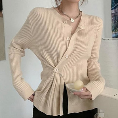 Asymmetrical Button-Front Long-Sleeve Knit Top