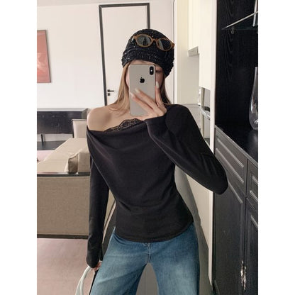 Off Shoulder Lace Trim Long-Sleeve Plain Top