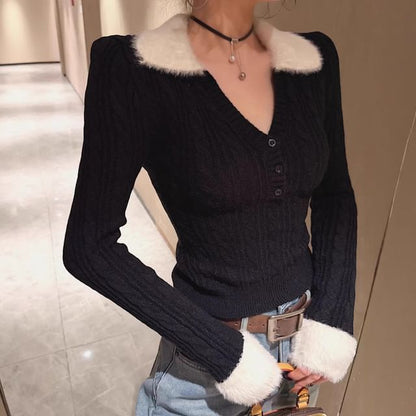 Knit Polo Long-Sleeve Plain Top
