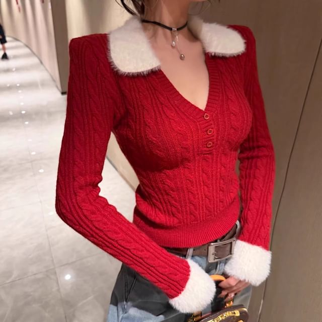 Knit Polo Long-Sleeve Plain Top