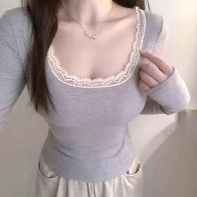 Square-Neck Lace-Trim Long-Sleeve Top